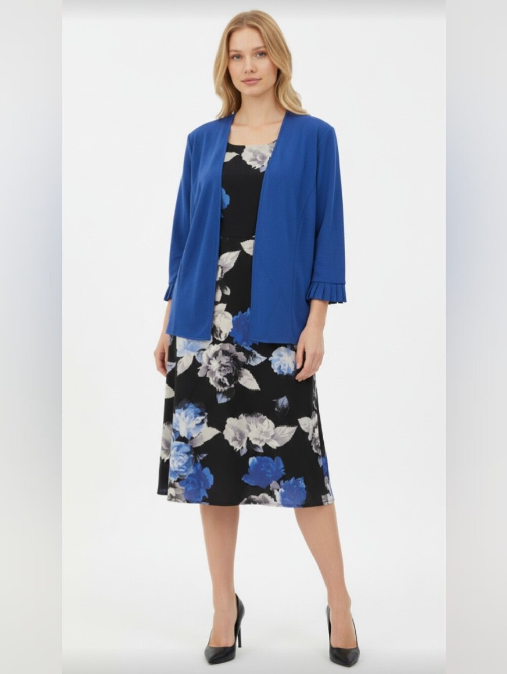 NWT@$94! STUDIO ONE! BLACK/BLUE/GRAY/WHITE FLORAL DRESS & BLUE JACKET SET! 18W